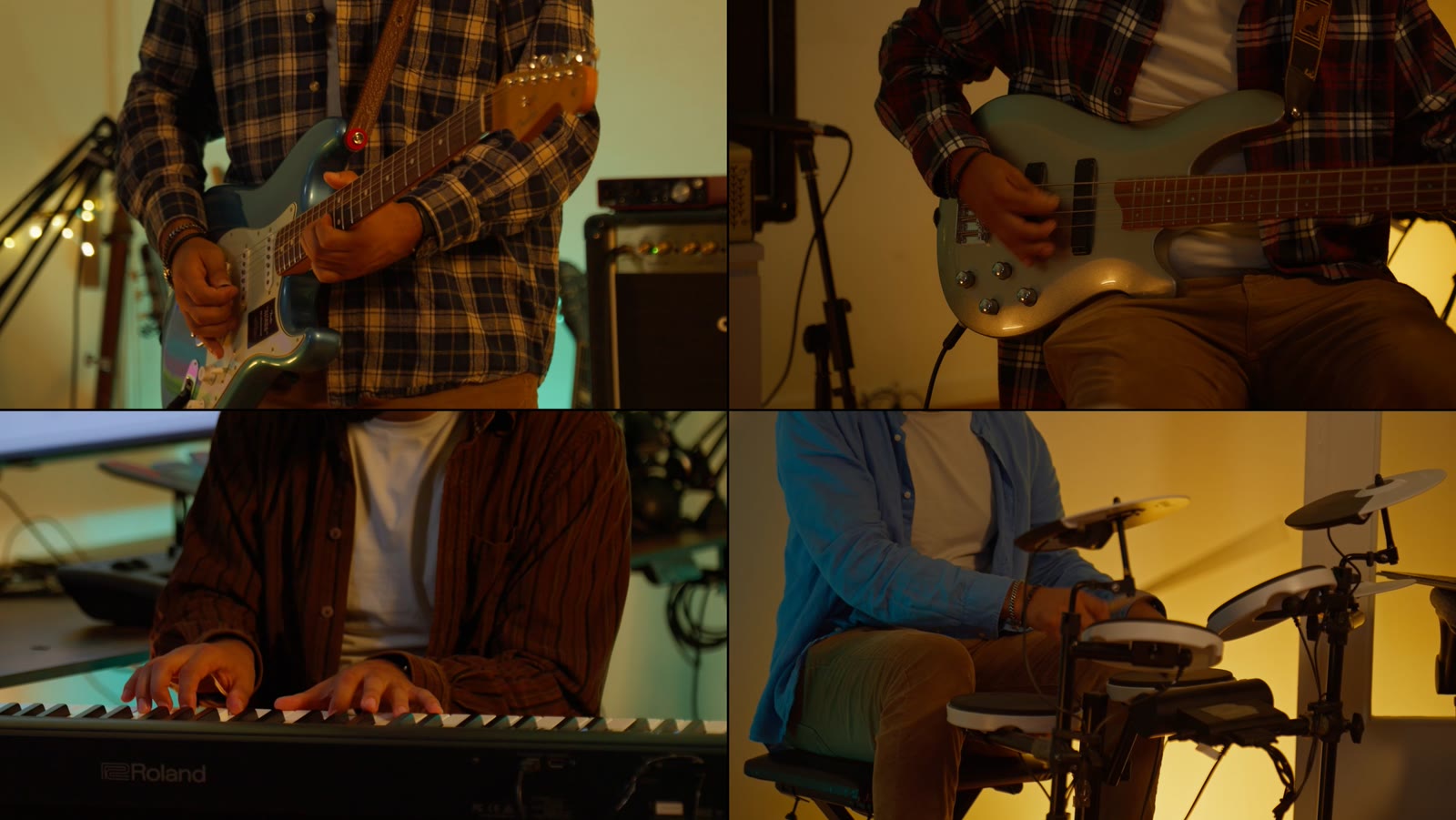 Quatre images du documentaire : guitare, basse, piano et batterie